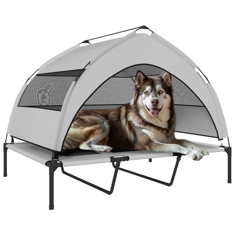 PetHat Lettino per Cani con Copertura a 3 Lati Rimovibile, in Poliestere e Acciaio, 122x92x94 cm, Grigio Chiaro e Nero